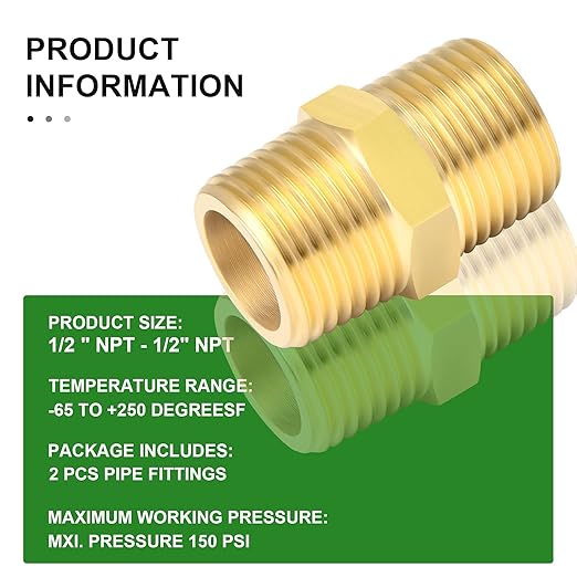TAISHER 2PCS Brass Pipe Fitting Adapter, Hex Nipple, 1/2-Inch Male Pipe x 1/2-Inch Male Pipe