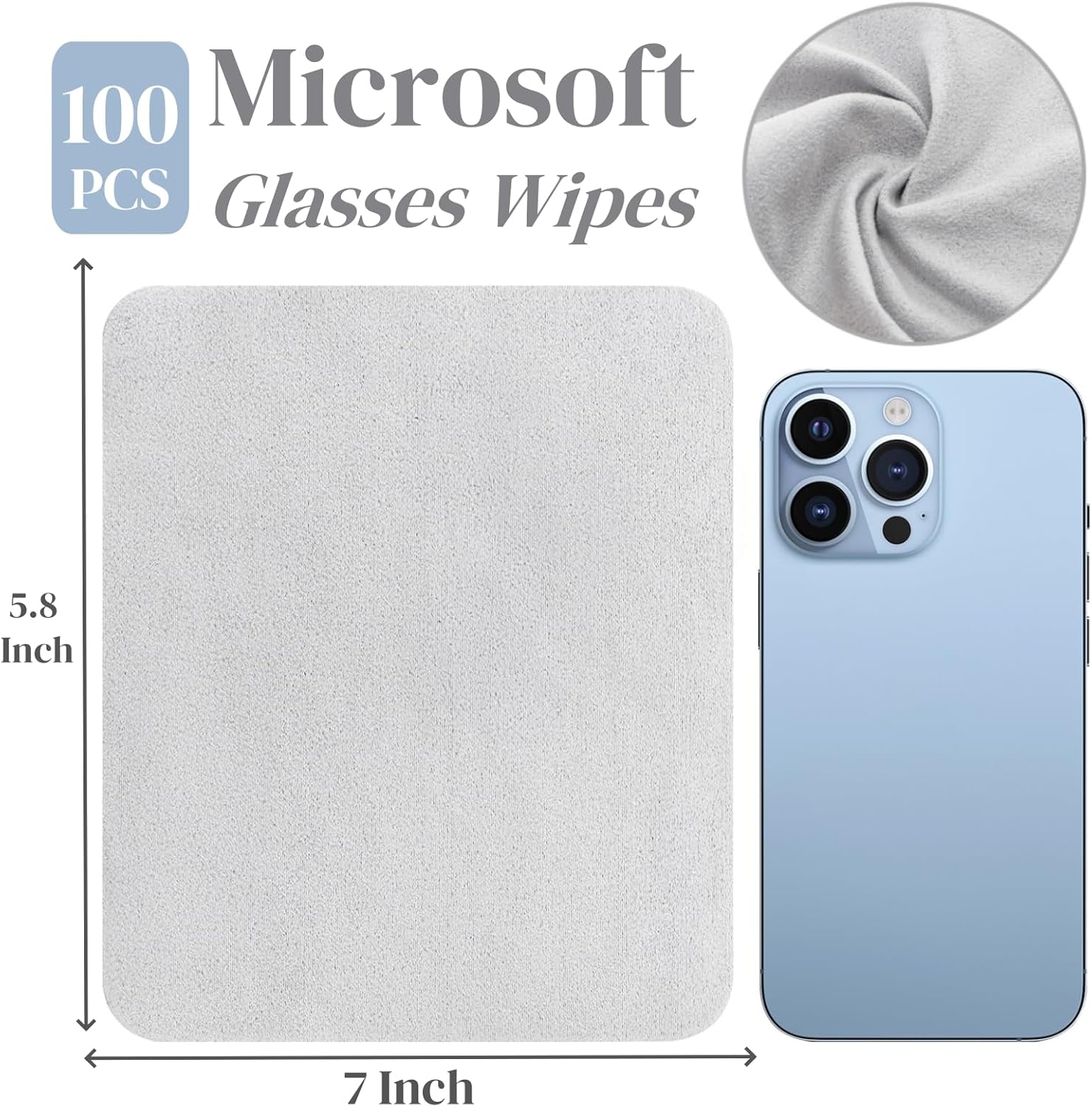 100 Pack Microfiber Glasses Cleaning Cloth, Ultra Soft Eyeglasses Wipe Suede, Washable Cleaner for Lens, Screens, Cameras, Phones, Electronics (7×6 Inch, Gray)