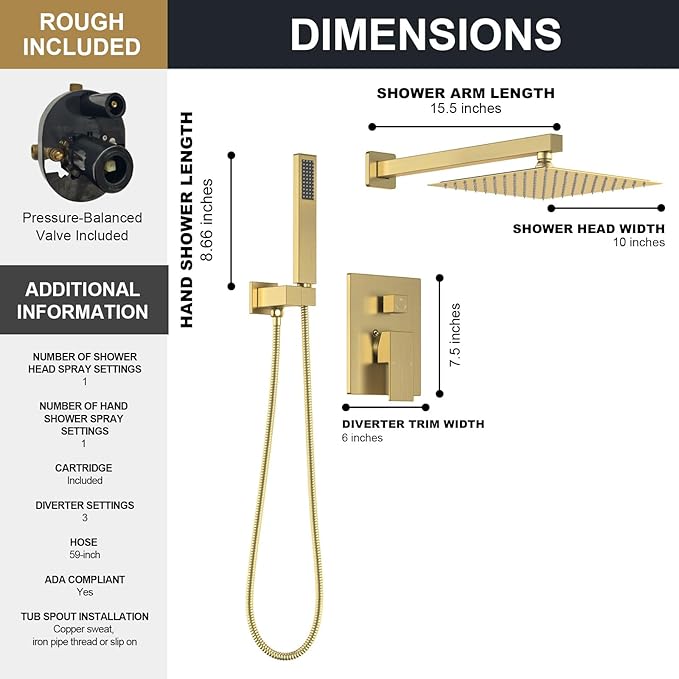Lava Odoro Modern 2-Setting Square Shower System with Rain Shower Head and Handheld Spray Gold, Rainfall Shower Faucet Set Gold, Shower Valve and Trim Kit, Brushed Gold, SF103-SG