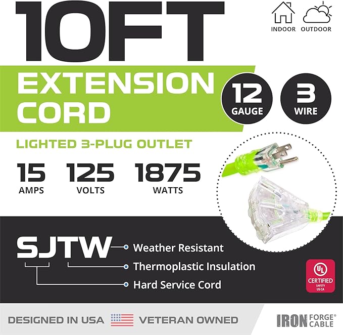 Iron Forge Cable 10 Foot Lighted Outdoor Extension Cord with 3 Outlets - 12/3 SJTW Heavy Duty Light Green Extension Cable 3 Prong - Multiple Outlets
