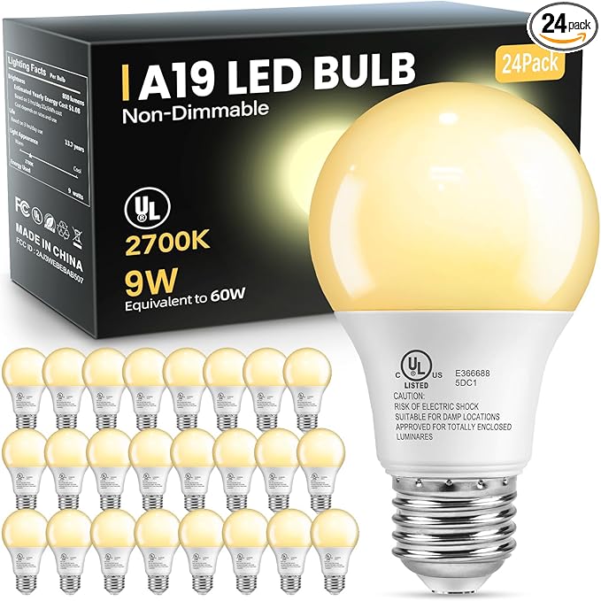 VOLIVO 24 Pack LED Light Bulbs, 60 Watt Equivalent A19 LED Bulb, Soft White 2700K, 9W E26 Standard Base, UL Listed 800 Lumens 120V, Non-Dimmable, Energy Saving Lightbulbs for Bedroom Indoor