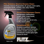 Flitz Stainless Steel & Chrome Clean - 32oz Bottle, USA-Made Stainless Steel Cleaner Spray for Appliances - Grill, Fridge, Sink Stain Remover - Also Works on Aluminum Surfaces (1 Pack)