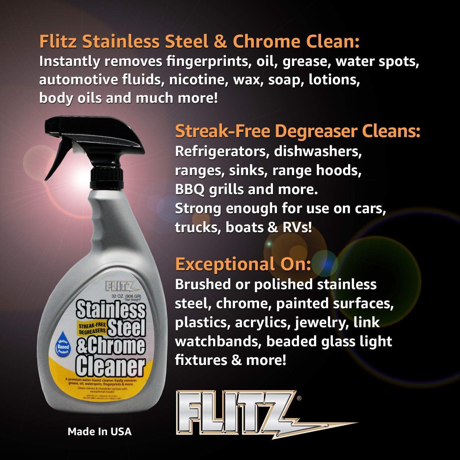 Flitz Stainless Steel & Chrome Clean - 32oz Bottle, USA-Made Stainless Steel Cleaner Spray for Appliances - Grill, Fridge, Sink Stain Remover - Also Works on Aluminum Surfaces (1 Pack)