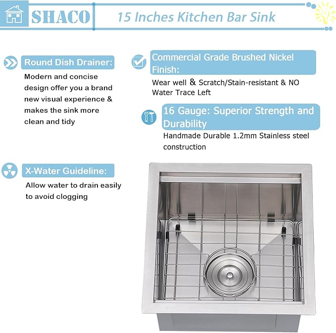 SHACO 15x15 Inch Undermount Bar Sink,15 Inch Stainless Steel Single Bowl Handmade Brushed Nickel 16 Gauge Small Kitchen Workstation Laundry Sink with Ledge and Accessories