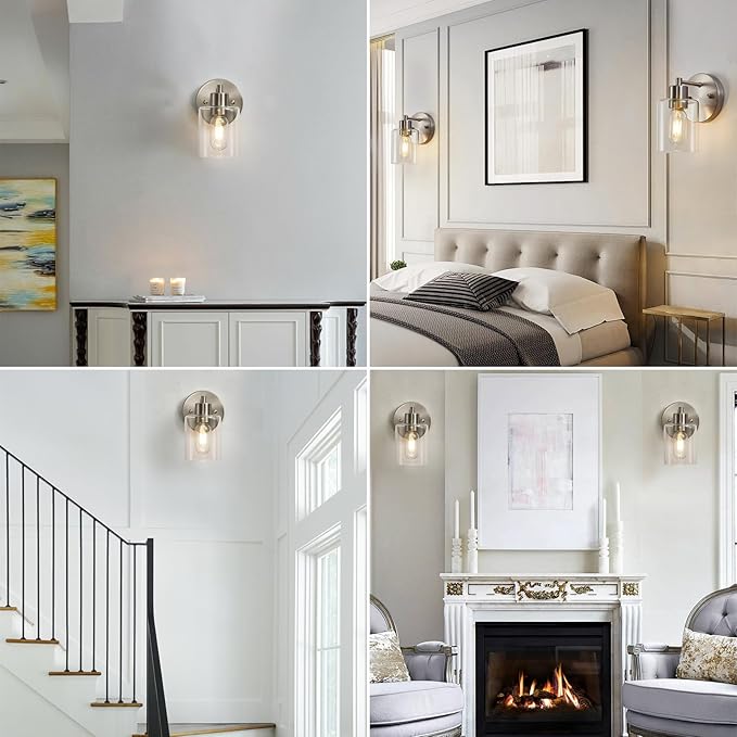 Wall Sconces for Bathroom, Brushed Nickel Vanity Light Fixtures, Modern Wall Mount Lighting Lanterns, Farmhouse Wall Lamps with Clear Glass Shade for Bedroom Living Room Mirror Hallway Porch(2PACK)