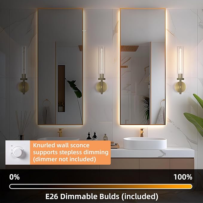 Modern Brass Hardwired Wall Sconces 2 Pack, 21'' Knurled Bathroom Wall Sconce, Indoor Wall Sconce,Copper and Tube Glass Vanity Light, for Living, Bedroom, Hallway, Staircases, Include Bulbs