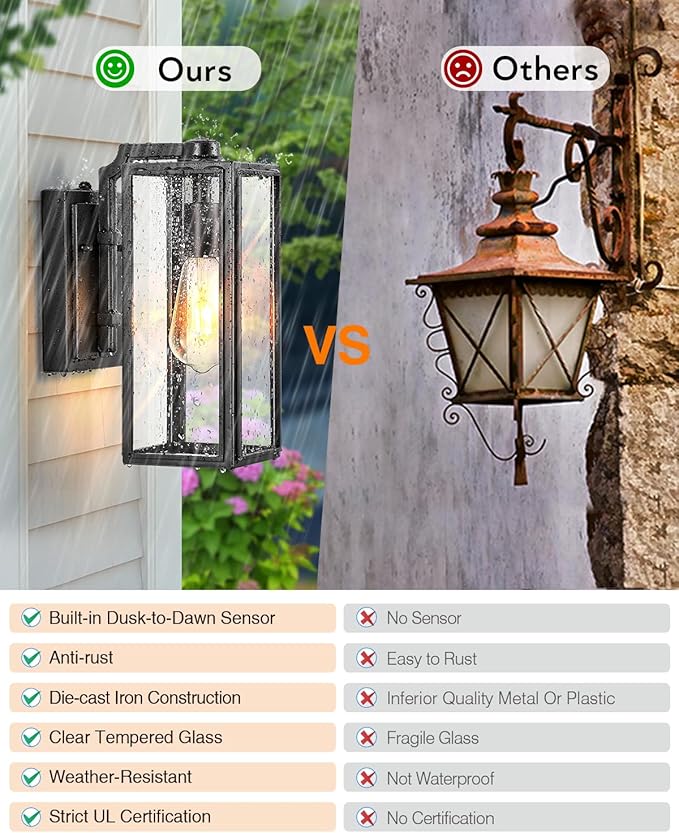 VIANIS Dusk to Dawn Outdoor Wall Lanterns,Black Exterior Light Fixture Wall Mount for House Front Porch,Anti-Rust Aluminium Modern Outdoor Coach Lantern with Tempered Glass Shade for Garage