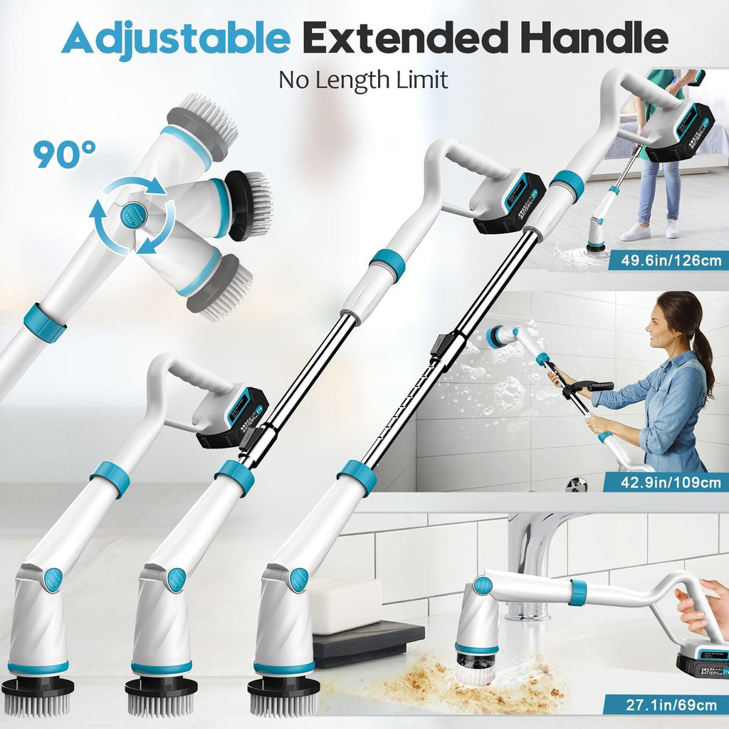 1500RPM Electric Spin Scrubber, 8 Brush Heads Electric Scrubber for Cleaning, Shower Scrubber with Long Handle and Two Battery, High Power Scrubber with Display for Bathroom/Tub/Floor