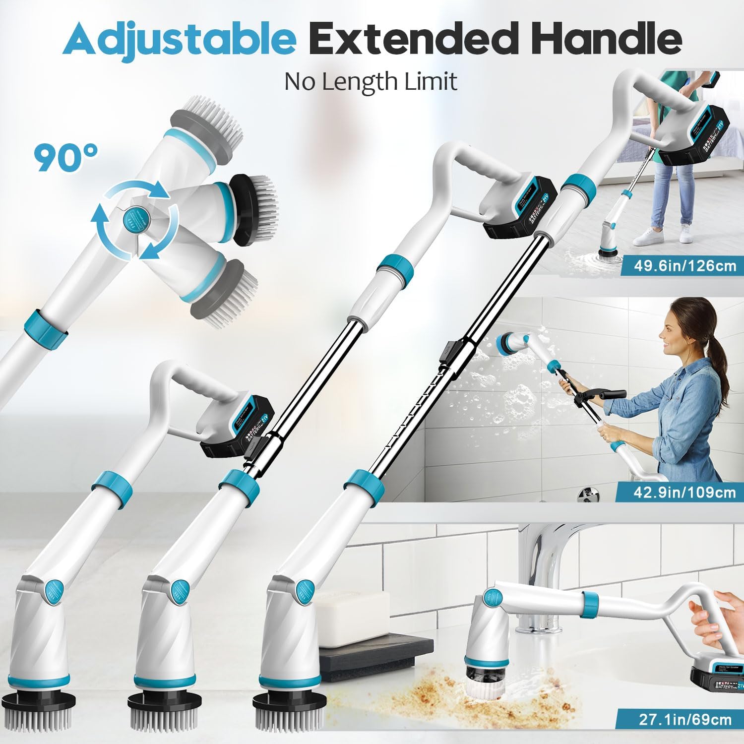 1500RPM Electric Spin Scrubber, 8 Brush Heads Electric Scrubber for Cleaning, Shower Scrubber with Long Handle and Two Battery, High Power Scrubber with Display for Bathroom/Tub/Floor