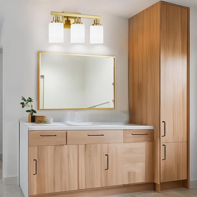 3-Light Gold Bathroom Light Fixtures, Modern Vanity Light with Milky White Glass Shade, Gold Wall Lamp Sconces for Mirror, Bedroom, Living Room, Hallway