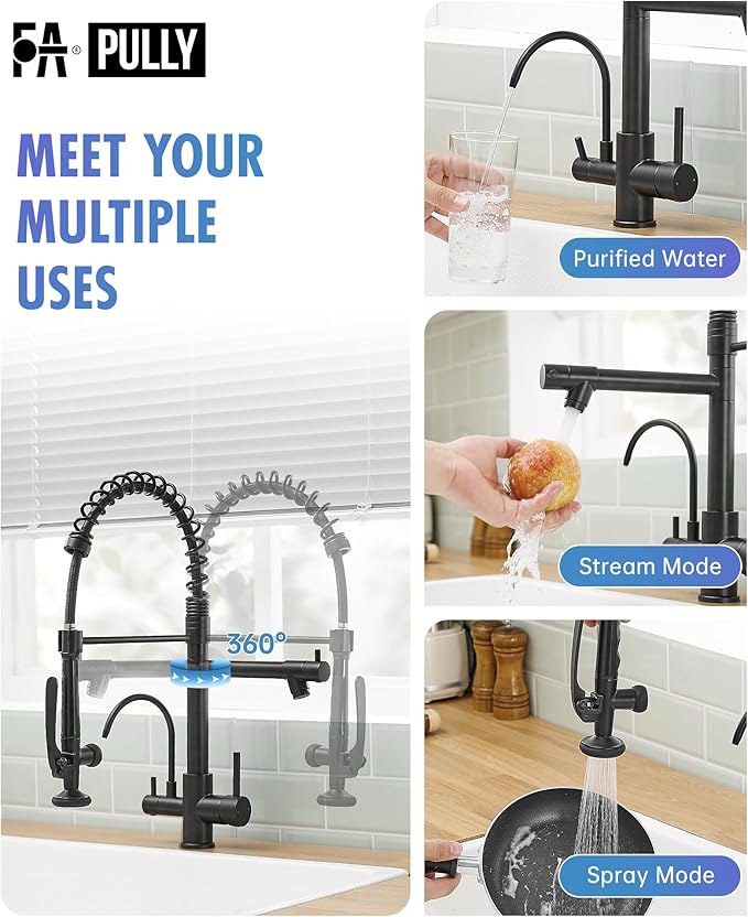 Fapully Commercial 3 Way Kitchen Faucets with Pull Down Sprayer and Water Filler,3 in 1 Kitchen Sink Faucet with Drinking Water Faucet Matte Black