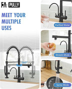 Fapully Commercial 3 Way Kitchen Faucets with Pull Down Sprayer and Water Filler,3 in 1 Kitchen Sink Faucet with Drinking Water Faucet Matte Black