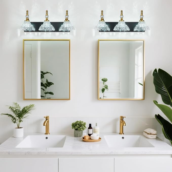 Vintage Bathroom Vanity Light, 3-Light Black Gold Vanity Lighting Fixture with Flower Glass Shade, Bathroom Lighting Fixtures Over Mirror