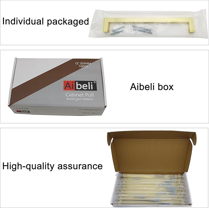 20 Pack Gold Cabinet Handles 8 Inch Hole Centers Brushed Gold Drawer Pulls Stainless Steel Square Cabinet Pulls Dresser Pulls Cupboard Handles for Kitchen and Bathroom