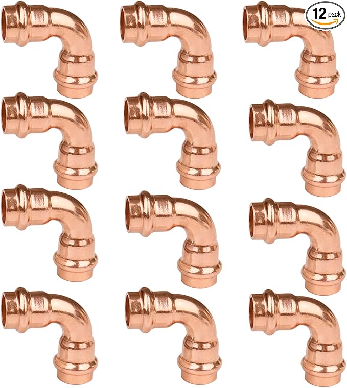 WHK 12 Pack Propress 1/2" x 1/2" Copper Press Fittings Pro press 90 Degree Elbow Press Adapter Fittings Coupling for Copper Pipe Connection(Copper,Lead-Free)