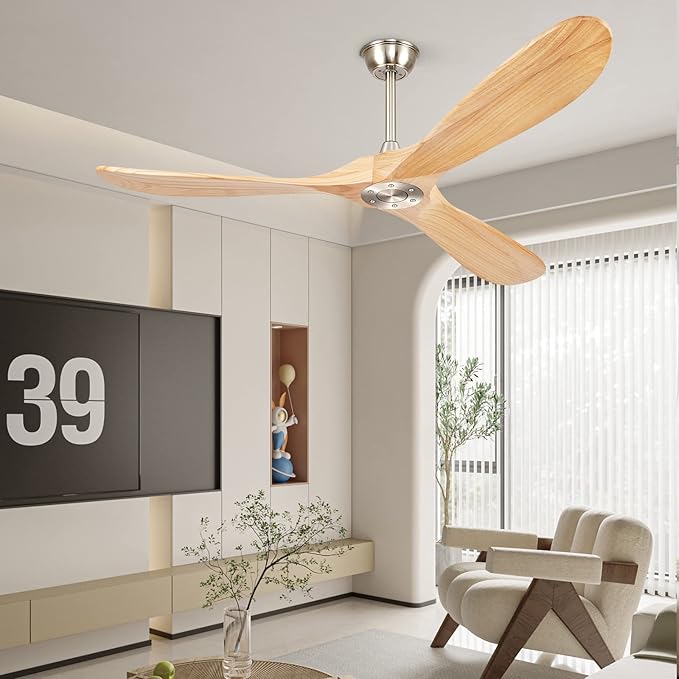 52" Ceiling Fans Without Lights, Solid Wood Ceiling Fan with Remote Control No Light, Modern Ceiling Fan with 3 Blades, Indoor Outdoor Ceiling Fans for Patios, Gazebo(Nature Wood)