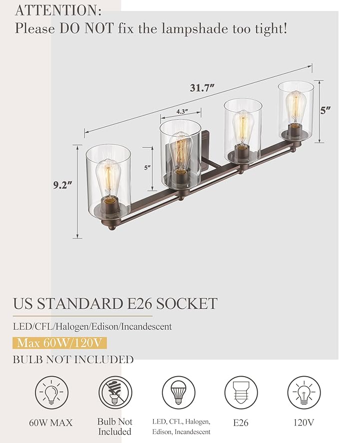 4-Light Bathroom Light Fixtures, HWH Farmhouse Vanity Wall Sconce in Oil-Rubbed Bronze Finish with Clear Glass Shade, 5HLT63B-4W ORB
