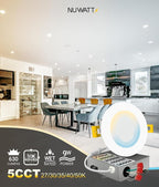 NUWATT 4 Inch Ultra Thin LED Recessed Lighting, 5CCT 2700K/3000K/3500K/4000K/5000K Selectable, 630LM, 9W, IC Rated, Dimmable Canless LED Wafer Light, White Trim, Metal Junction Box, ETL, 6 Pack