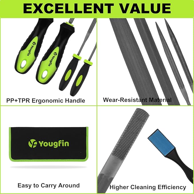 Yougfin 19 pcs File Set, Includes 5 pcs Large Steel Files, 12 pcs Jewelers File Set and Wire Brushes Ideal Hand File Tools for Woodwork, Metal, Model Applications
