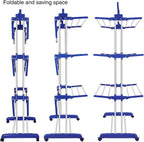 Bigzzia Clothes Drying Rack, Folding Stainless Steel Drying Rack Clothing Indoor Outdoor, Space-Saving, 4 Tier Laundry Drying Rack with Two Side Wings Grey Blue