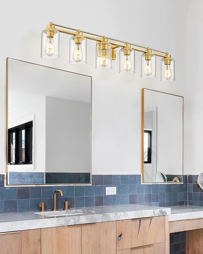 6 Light Bathroom Vanity Light, HWH Brushed Gold Light Fixture Bathroom Wall Vanity Lights, Modern Brass Vanity Lights Over Mirror with Clear Glass Shade, 5HLT63B-6W BG