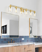 6 Light Bathroom Vanity Light, HWH Brushed Gold Light Fixture Bathroom Wall Vanity Lights, Modern Brass Vanity Lights Over Mirror with Clear Glass Shade, 5HLT63B-6W BG