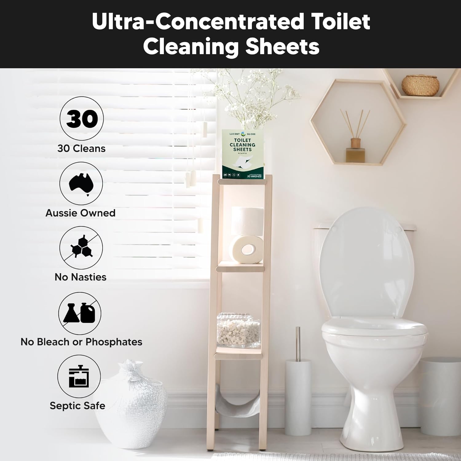 Lucent Globe Toilet Cleaning Sheets | Strips - Tough on Dirt & Stains - Safe for Toilets & Septic Systems - Convenient and Travel Friendly Toilet Bowl Cleaner - Fresh Eucalyptus Fragrance (4 Pack)