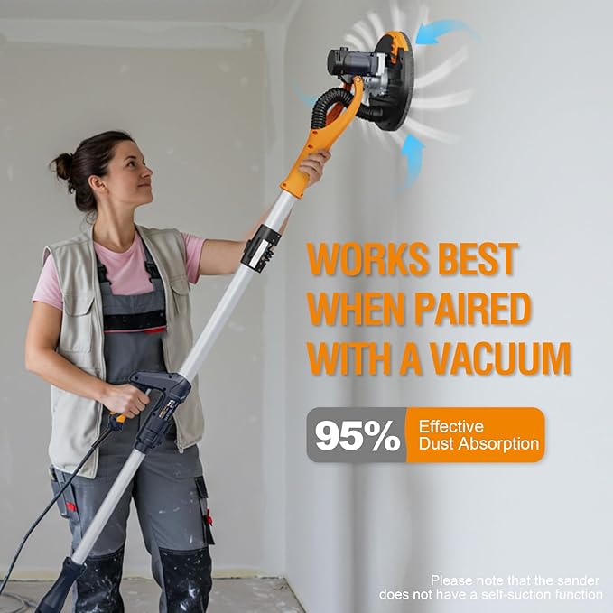MAXXT Drywall Sander, Lightweight Popcorn Ceiling Removal Tool, 5 Variable Speed Foldable Telescopic Electric Drywall Sander, 800-1700RPM Vertical Power Ceiling Sander With 6pcs SandPapers, Bag