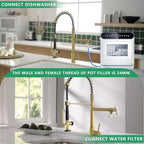 Brushed Gold Kitchen Faucet with Pull Down Sprayer, Commercial Brass Kitchen Faucet Single Handle Spring Faucets for Kitchen Sink Fapully