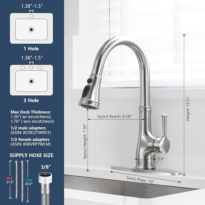WEWE Vintage Kitchen Faucet with Pull Down Sprayer, Stainless Steel 1 or 3 Hole High Arc Single Handle Antique Sink Faucet for Classic Modern Ktichen, Brushed Nickel