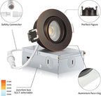 Bronze 3 Inch Recessed Lighting 6 Pack, Ajustable Eyeball recessed Light with Junction Box,5 Color Selectable,Airtight,7W 550LM,Dimmable,Bronze