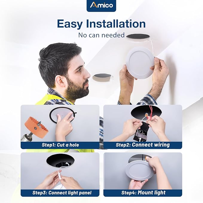 Amico 36 Pack 6 Inch 5CCT Ultra-Thin LED Recessed Ceiling Light with Plastic Junction Box, 2700K/3000K/3500K/4000K/5000K Selectable,1050LM, Dimmable Canless Wafer Downlight, 12W, ETL&FCC