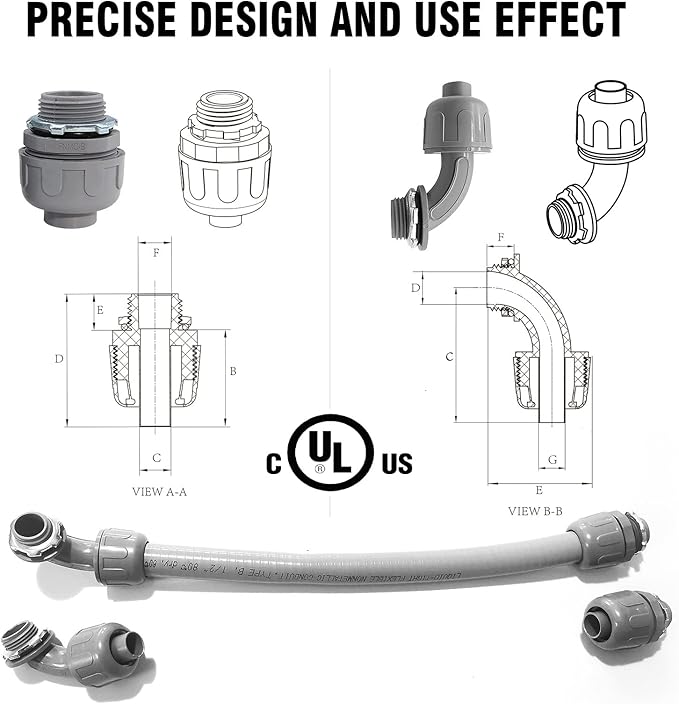 30Pcs 1/2 Inch Liquid Tight Connector PVC Electrical Conduit Fittings Straight 180 Degree Flexible Conduit Connector for Home Kitchen Bathroom Tube Tool Supplies,UL Listed
