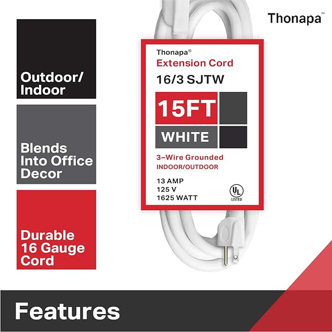 15 Ft Extension Cord with 3 Prong - White Extension Cord 15ft - 16/3 SJTW Electrical Cable Great for Home & Office