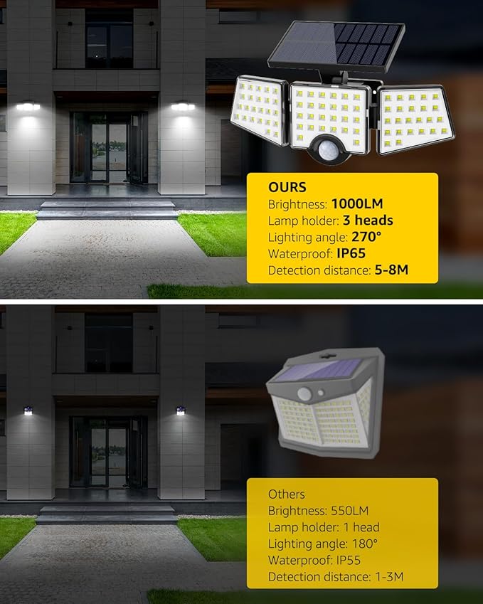 LE Solar Lights for Outside, Solar Lights Outdoor with Motion Sensor, WL4000 High Brightness, 3 Adjustable Heads 270° Wide Lighting Angle, IP65 Waterproof, Wireless Wall Lamp for Yard Garage, 2 Packs