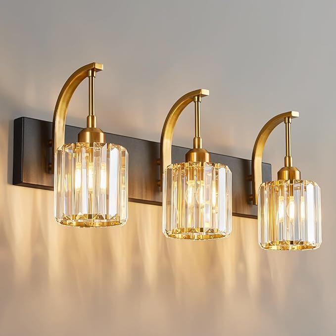 3-Light Crystal Vanity Light, Modern Black Gold Bathroom Wall Sconce with K9 Crystal Shades, 23.62" Long Over Mirror Lighting for Vanity, Makeup, Hallway, Elegant & Durable