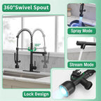 Fapully Commercial Kitchen Faucets with Pull Down Sprayer Matte Black LED Single Handle Faucet for Kitchen Sink, Kitchen Faucet with Soap Dispenser and Deck Plack for 4 Hole