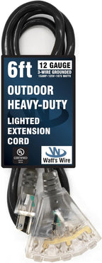 Outdoor Extension Cord Waterproof (6 ft) 12 Gauge Heavy Duty Extension Cord Splitter - Lighted Outdoor Extension Cords with Multiple Outlets - Watts Wire - 6' Grounded - extensiones electricas