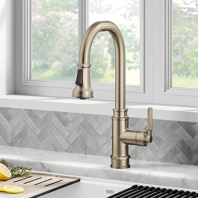 KRAUS Allyn Transitional Industrial Pull-Down Single Handle Kitchen Faucet in Spot-Free Antique Champagne Bronze, KPF-4101SFACB