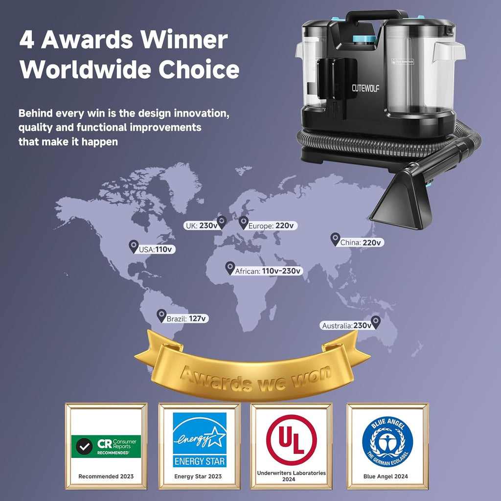 Cutewolf Portable Carpet & Upholstery Cleaner Machine, Handheld Spot Remover, 16Kpa Strong Suction Multi-purpose Deep Cleaner for Couch, Car, Stairs, Rugs, Pet Stains