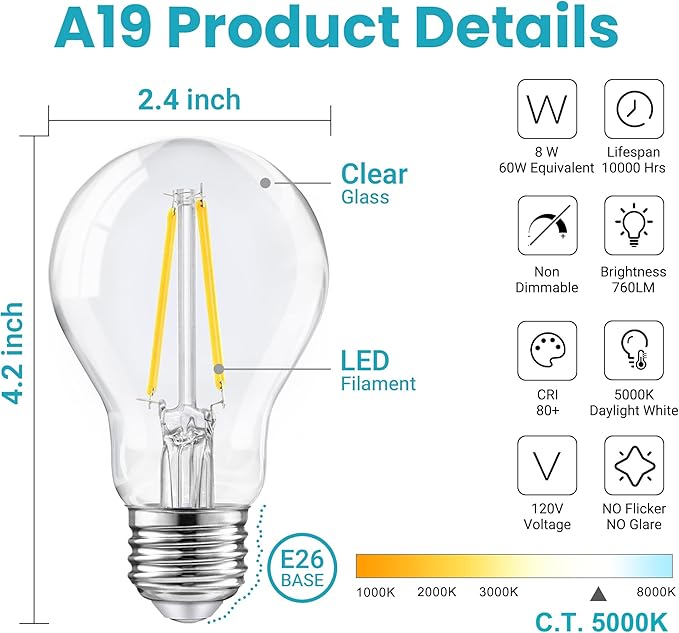 TJOY 24 Pack A19 Vintage LED Edison Bulbs, Non-Dimmable, 60W Equivalent, High Brightness 5000K Daylight White, 8W E26 Standard Base, 760 Lumens, CRI80+, Clear Glass Filament Bulb for Home, Farmhouse