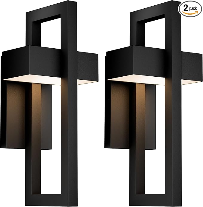 LamQee 2 Packs Modern Outdoor Wall Lights 3000K Integrated LED Outdoor Wall Sconces Lighting, Contemporary Exterior Lighting Fixtures Outside Wall Mount Lights for House Porch Door Garage, Matte Black