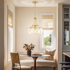 Industrial Round Chandelier Rustic Ceiling Light Fixture Farmhouse Pendant Light with Clear Glass Shade for Dining Room Hallway Entryway Kitchen Bedroom, Gold