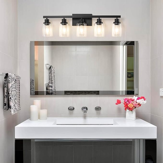5-Light Black Bathroom Vanity Light, Modern Vanity Lighting Fixture for Bathroom, 31" Matte Light Fixture, Wall Sconces with Clear Glass Shade, Black Bathroom Wall Light Over Mirror