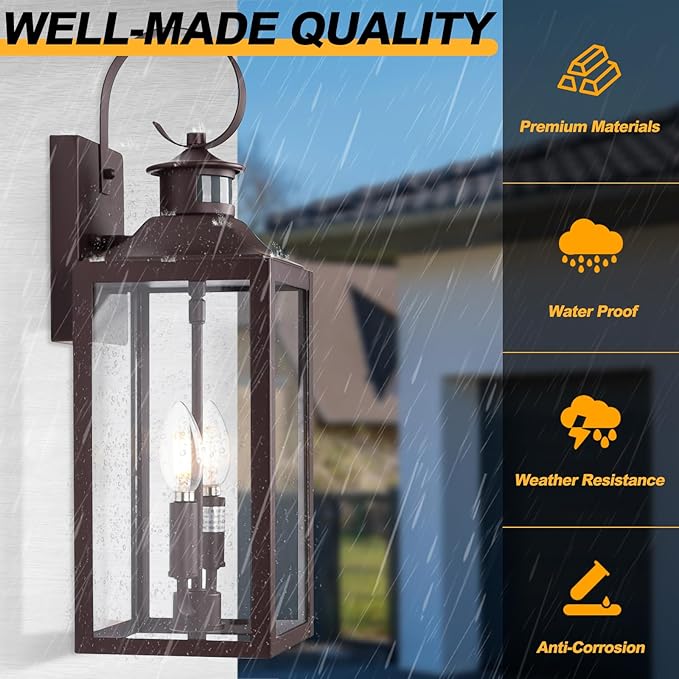 20" Oil Rubbed Bronze Motion Sensor Outdoor Light, Large Dusk to Dawn Outdoor Lighting Fixture, Farmhouse Wall Mounted Porch Lamp, Waterproof Brown Sconce for Outside Patio, 3 Modes/2-Light/1-Pack