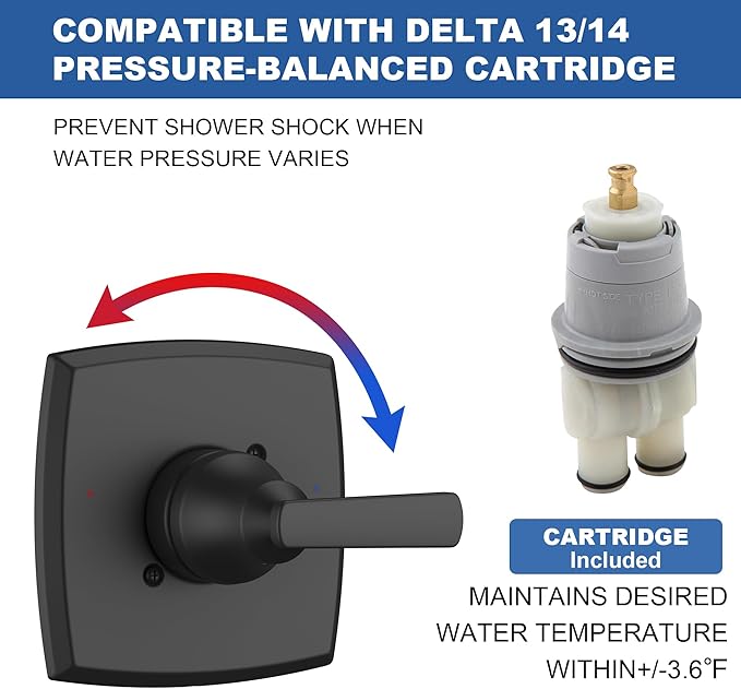 Replacement for D Faucet 14 Series Single-Function Shower Valve Trim Kit, Matte Black Shower Trim Kit Shower Handle T14064-BL(With RP46074 Cartridge)