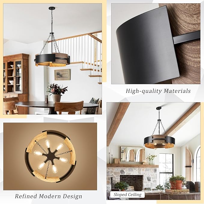 Modern Chandelier 24" Industrial Drum Light Fixture Black Metal 6-Light Hanging Chandelier Walnut Wood Grain for Living Dining Room Foyer Entryway Kitchen