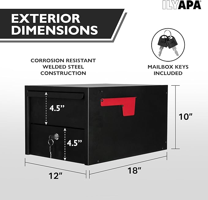 Ilyapa Locking Mailbox for Outside with Lock & Key - Modern Mailboxes for Outside Post Mount, Black Powder Coated Steel Heavy Duty Curbside Mail Box