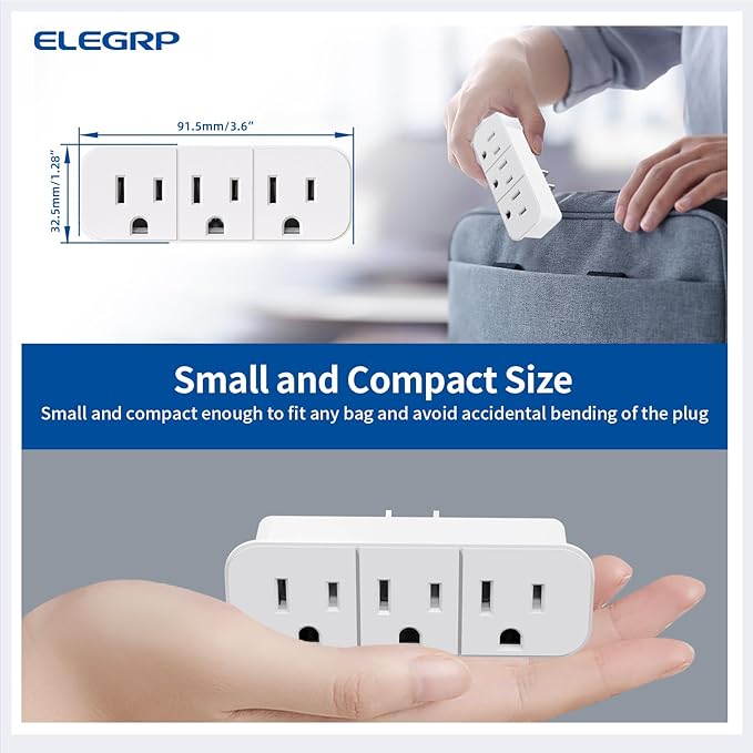 ELEGRP Triple Outlet Extender, 3-Prong Grounded Wall Tab, Multiple Outlet Extender Adapter Plug with 3 Electrical Outlets for Travel Home Hotel Office, ETL Listed, 3 Pack, White