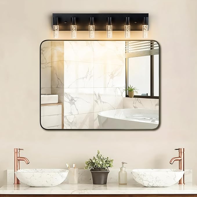 6-Light LED Vanity Light Fixture in Black - Modern Bathroom Lighting, Over Mirror Illumination | Multicolor Temperature 3000K/4000K/6000K | Stylish Bathroom Decor & Energy-Saving 30W Vanity Lighting…